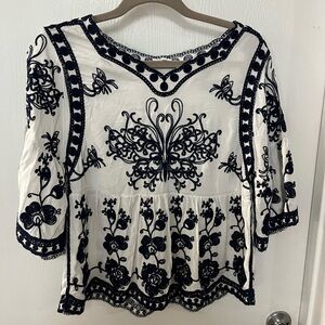 Elegant White and Black Embroidered Women's Top